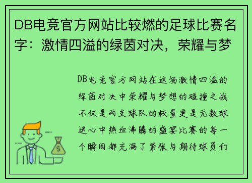 DB电竞官方网站比较燃的足球比赛名字：激情四溢的绿茵对决，荣耀与梦想的碰撞之战